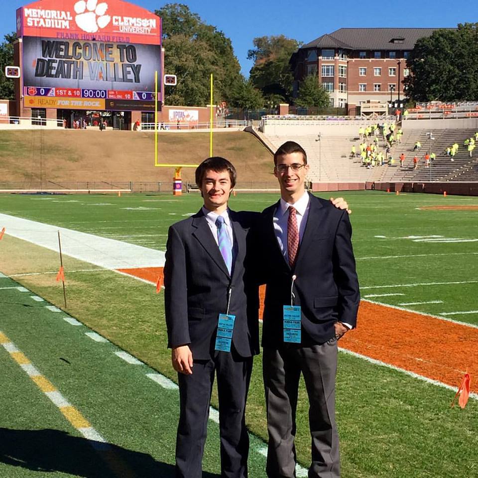 Casey Hague and Anthony Iati, before their broadcast of the BC Clemson game in Clemson.